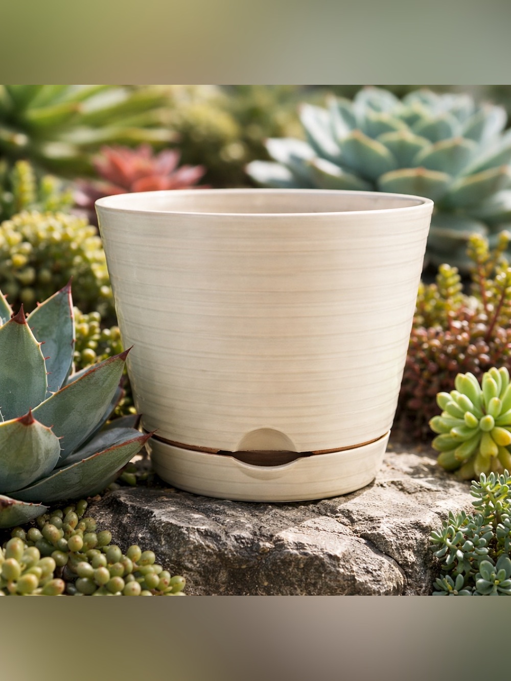 Cream Plastic Planter Pot with Drainage and Lid